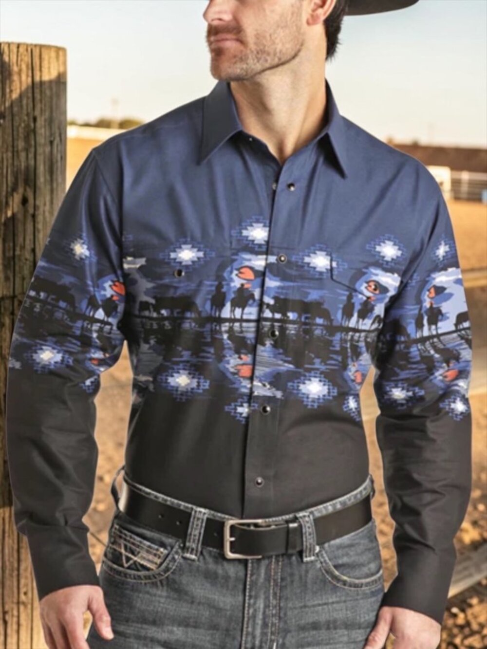 Panhandle Western Pearl Snap Shirt L Blue Cowboy Border Long Sleeve NEW